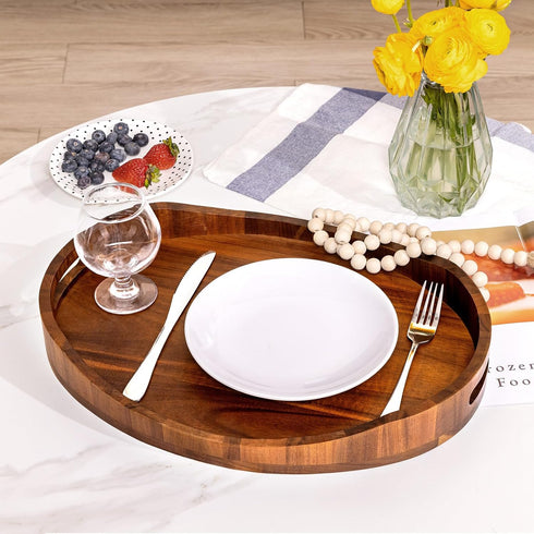 HouseJoy Display,16.5"x13" Acacia Wood Serving Tray with Handles, Decorative Ottoman Tray Platter for Breakfast in Bed