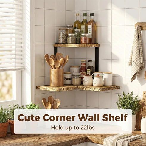 2-Tier SRIWATANA Rustic Corner Shelf, Wood Wall Shelf, Wall Mounted Storage Shelves for Bedroom, Living Room, Bathroom