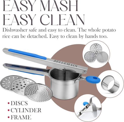 Bellemain Potato Ricer 15 oz with 3 Interchangeable Discs |Potato Masher Stainless Steel, Sweet Potato Masher Kitchen Tool | Spaetzle Maker Press, Khuon Banh Lot, Spaetzle Noodle Maker (Blue)