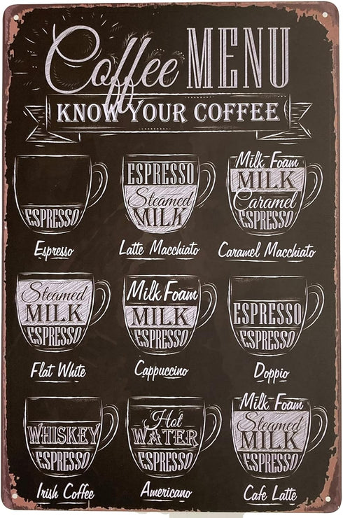Tin Metal Wall Sign: Coffee Lover Bar Menu with Coffee Recipes, 8 x 12 Fun Decorative Poster for Kitchen