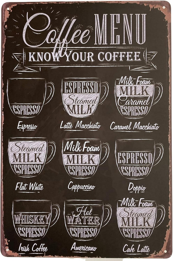 Tin Metal Wall Sign: Coffee Lover Bar Menu with Coffee Recipes, 8 x 12 Fun Decorative Poster for Kitchen