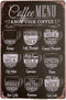 Tin Metal Wall Sign: Coffee Lover Bar Menu with Coffee Recipes, 8 x 12 Fun Decorative Poster for Kitchen
