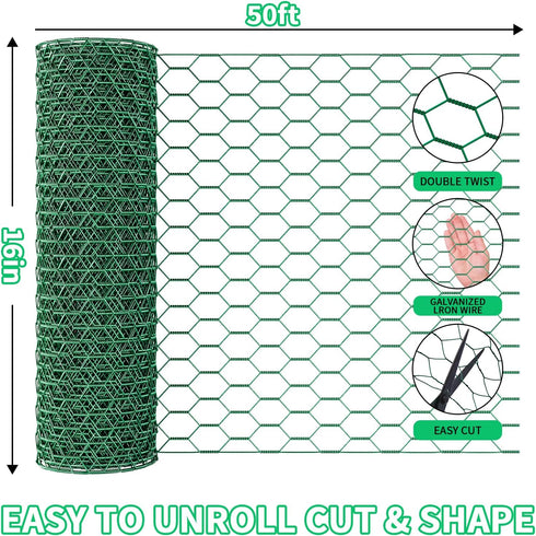 Bittesnew 16 600 Inches x Chicken Wire for Floral Arrangements, Green Chicken Wire, Hexagonal Galvanized Wire Mesh