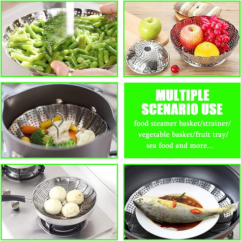 Steamer Basket Stainless Steel Vegetable Basket, Metal Handle Folding Silicone Feet Insert for Cooking Veggies
