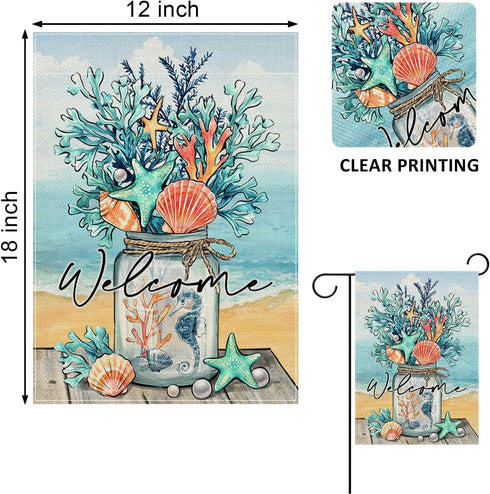 Welcome Summer Decorative Garden Flag, Mason Jar Beach Coastal Coral Starfish Shell Sea Horse, 12 x 18 Double Sided