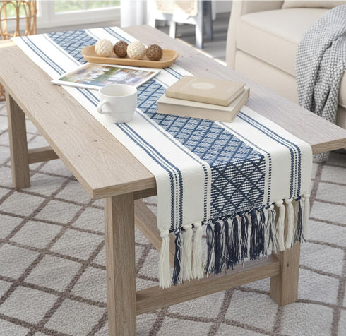14 72 Inches, Boho Table Runner with Tassel x Blue & Cream, Woven Washable Dresser Scarf and Topper for Bedroom