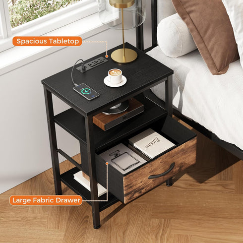 3-Tier DUMOS Bedside Table with Charging Station and Adjustable Fabric Drawer Compact Nightstand Storage Organizer End