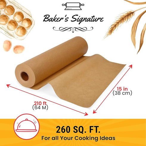 Unbleached Parchment Paper for Baking, 15in x 210ft Roll, Heavy Duty Non-Stick Brown