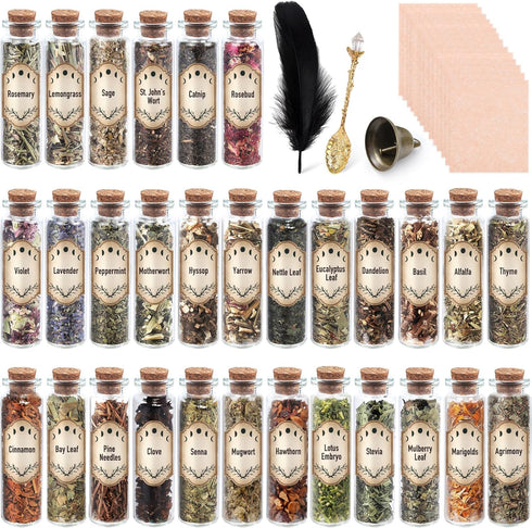 FLgengmh 30 Pack Witchcraft Supplies Herbs, Dried Herbs and Flowers Bottles Kit for