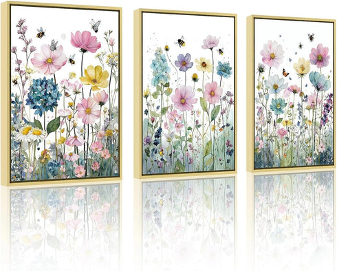 ELSKER&HOME Framed Wall Art Set of 3 Flower Pictures Wall Decor,Floral Wildflower