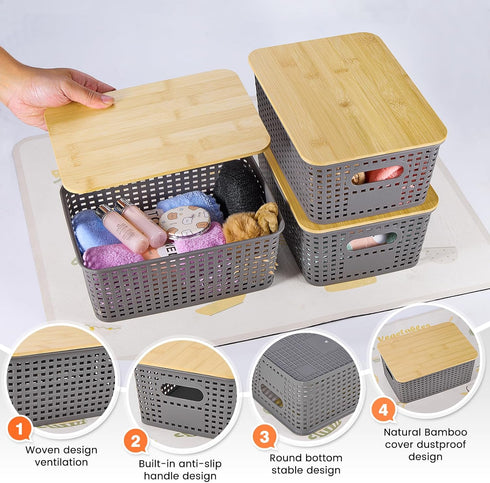 Plastic Storage Baskets with Bamboo Lid, Stackable Storage Bins for Organizing Shelves, 6 Pack, Gray