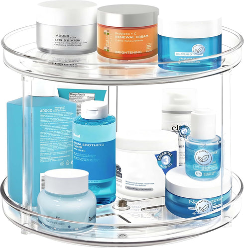 2 Tier Lazy Susan Bathroom Organizer, 9.25Inch Clear 360 Rotating Makeup Organizer
