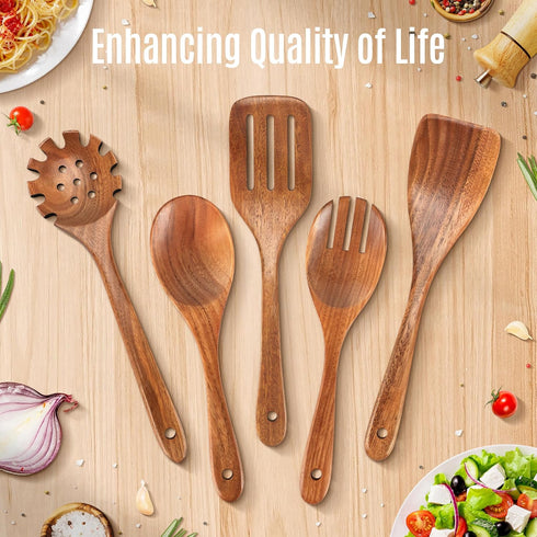 5 PCS Wooden Cooking Spoons, Natural Teak Kitchen Utensils, Smooth Non-Stick Surface, Soft Comfort-Grip