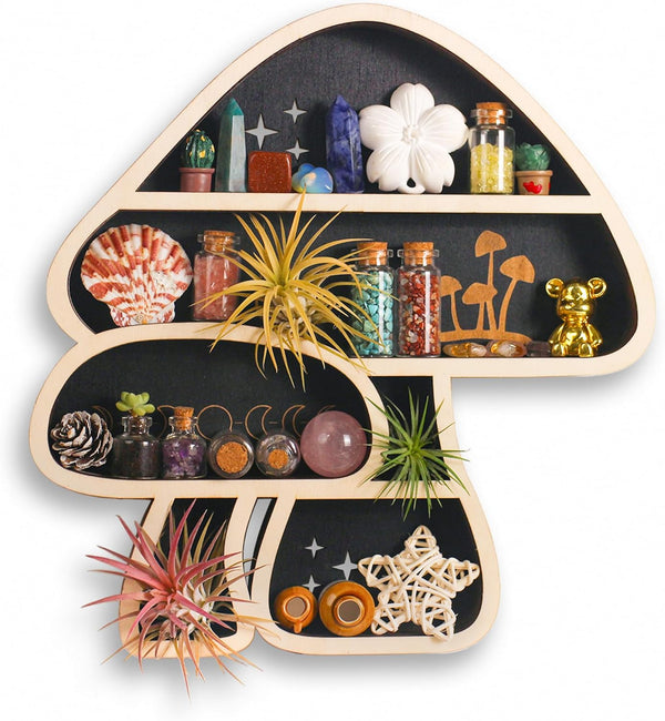 Cute Mushroom Decor, Wooden Floating Mushroom Shelf for Wall, Crystal Display Shelf