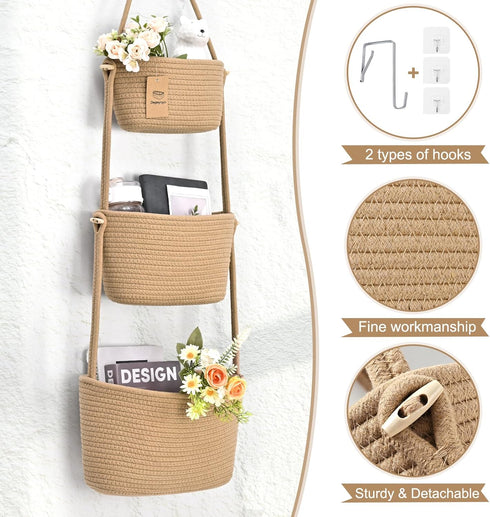 4 Hanging Storage Baskets, Over the Door Basket, Cotton Wall Baskets Storage, Hanging Door Basket with Hooks
