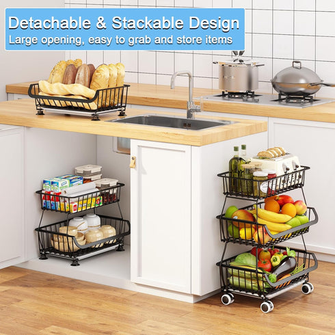Mchoter 3-Tier Potatoes,1 Pack Rolling Pantry Floor Organizer, Stackable Pantry Storage Cart with Wheels, Metal Wire