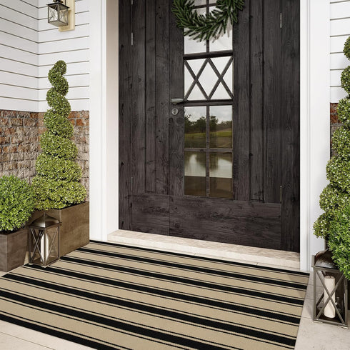 Striped Outdoor Rug 3'x5', Cotton Hand Woven Washable Reversible Layered Door Mat for Entryway Home