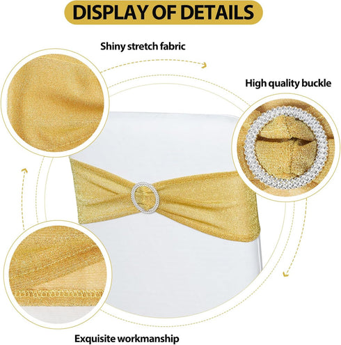 Eternal Beauty Set of 10 Gold Chair Sashes, Glitter Spandex Chair Bands for Folding Chairs Wedding
