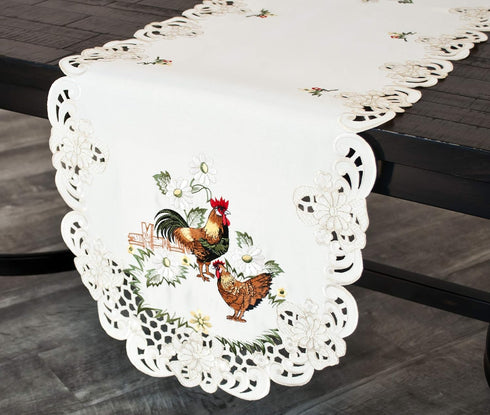 Country (15Wx54L) Embroidered Rooster Chic Lace Farmhouse Table Runner, Dresser Scarf, Coffee Table Runner