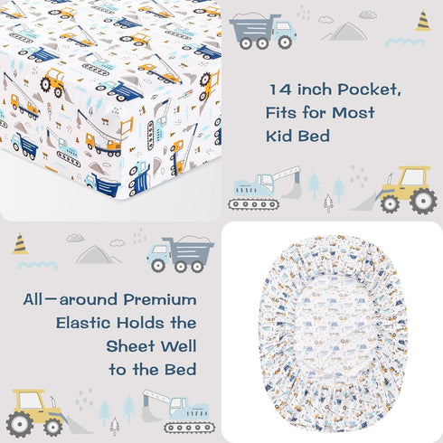 lasoftan Set 3 Set Kids Sheet Twin Size Pcs, Boys Sheet with Blue Excavator Car PatternKids Boys Twin Fitted