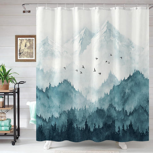 Watercolor Mountain Forest Shower Curtain, Nature Misty Foggy Navy Blue Tree Art with 12 Hooks, 72 ×72 Inch Bathroom