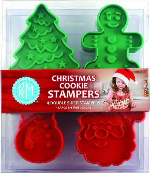 R&M Christmas Double-Sided Cookie Cutter Stamper Set of 4, Green and Red, Assorted Designs: Christmas Tree, Snowman,