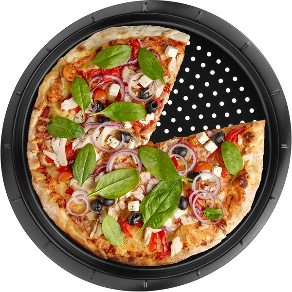 DecorRack 13 Inch Non-Stick Perforated Pizza Tray, 1 Inch Deep Carbon Steel Pan for Home Kitchen, Restaurant Bakeware