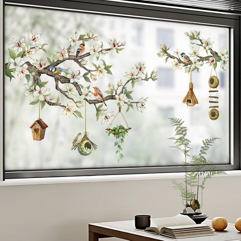 Spring Birds Flower Branches Window Clings, Hanging Bird House Green Leaves Decals, Anti Collision Double-Side Stickers