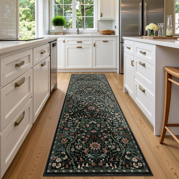 2x6 Washable Runner Rug,Black Floral Boho Area Rug for Hallway,Low-Pile Non-Slip Stain