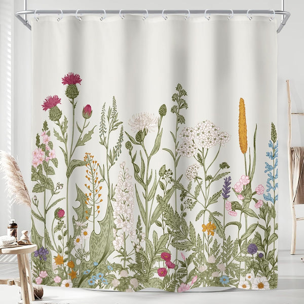 Riyidecor Extra Long Wild Flower Shower Curtain, 72Wx78H Inch, Botanical Colorful Border, Vintage, 12 Hooks