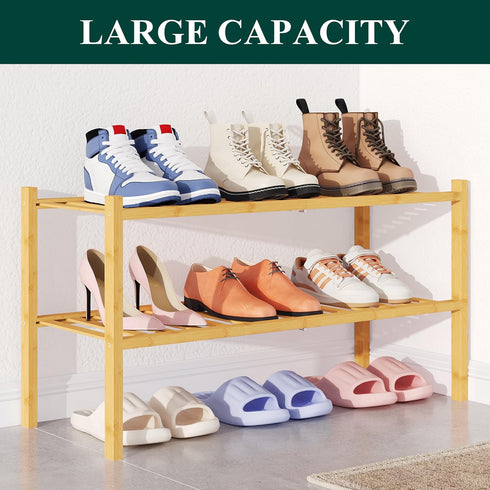 Closet, 2 Smiry Bamboo Shoe Rack for Tier Wooden Stackable Shoe Organizer, Free Standing Shoes Storage Shelf