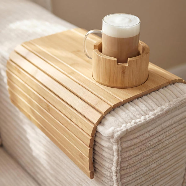 THE LAZY STORE Bamboo Couch Arm Tray for Drinks and Snacks with Detachable Cup Holder