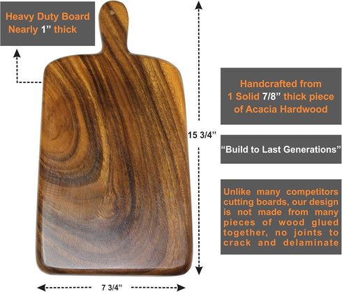 Solid Acacia Wood Cutting and Serving Board with Handle - Handmade, Joint Free, Size: 15" x 8" x 3/4”