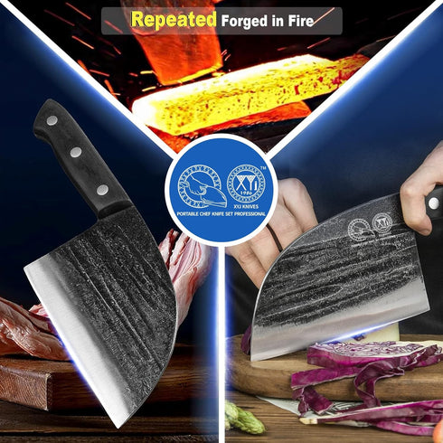 XYJ 6 Inch Serbian Chef Knife with Sheath, Handmade Forged Outdoor Kitchen Butcher Knife