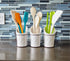 Kitchen Tool Crock Set, 4 Pieces - 3 Ceramic Utensil Holders & 1 Metal Caddy, White & Embossed Design
