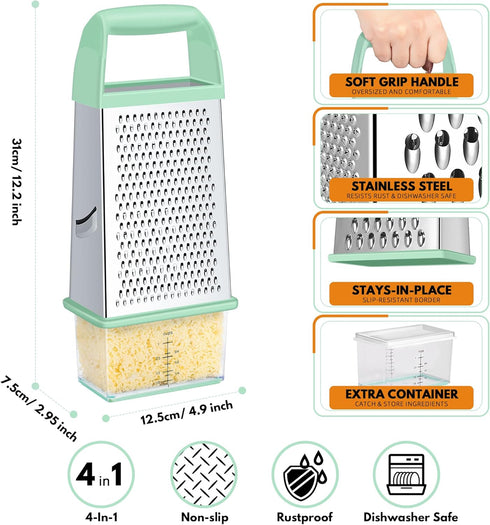 Urbanstrive 4 Cheese Grater With Container, Professional Cheese Grater with Handle, Stainless Steel Graters for Kitchen