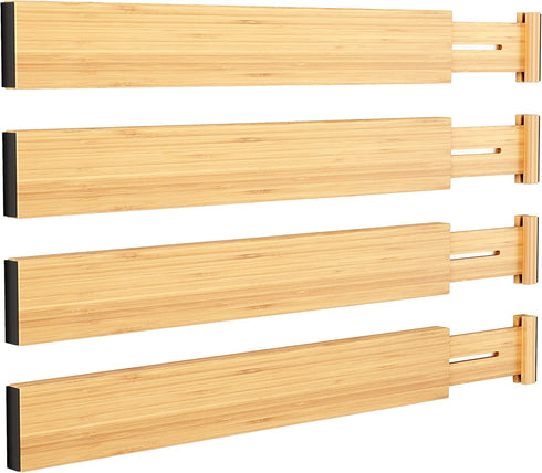 BAMEOS Expandable Bamboo Drawer Divider 4-Pack | Adjustable Utensil Knife Fork Tool Organizer for Kitchen, Bathroom,