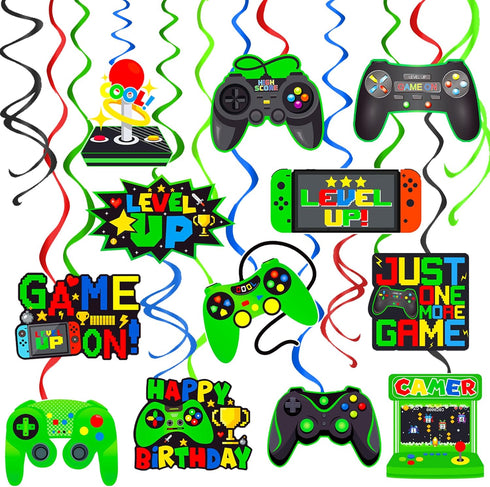 umoni Green 20Pcs Video Game Hanging Swirls Birthday Party Decorations, Gaming Ceiling Streamers for Game On Party