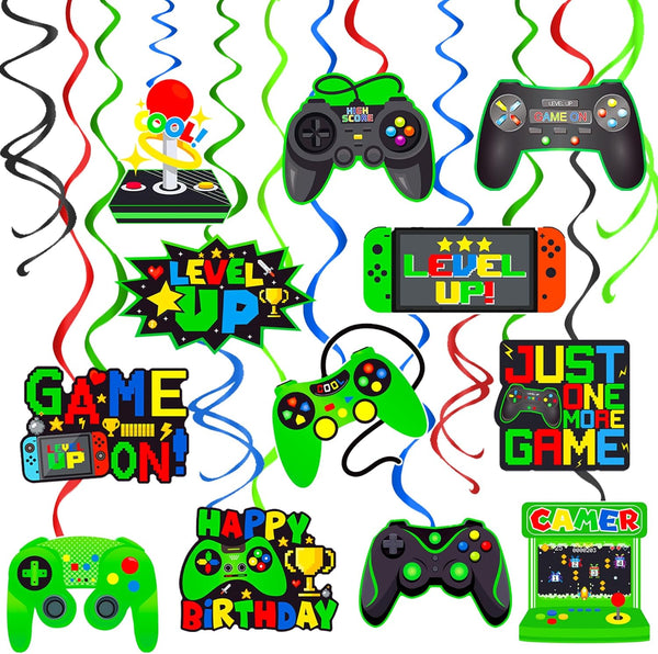 umoni Green 20Pcs Video Game Hanging Swirls Birthday Party Decorations, Gaming Ceiling Streamers for Game On Party