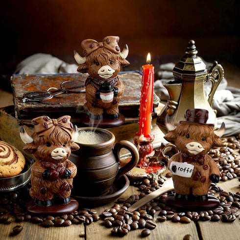 Foilswirl 3 Pcs Coffee Highland Cow Figurines for Book Shelf Desk Decor, Highland Cows Themed Gifts Resin Statue Cow