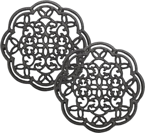 Yopay 2 Pack Heavy Duty Cast Iron Trivet, 7.7 inch Round Metal Holders for Hot Pans, Rustproof with Rubber Pegs