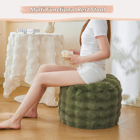20" 16" LIFEREVO Faux Rabbit Fur Round Inflatable Pouf Ottoman, X Plush Fuzzy Waffle Bubble Floor Poufs Foot Rest