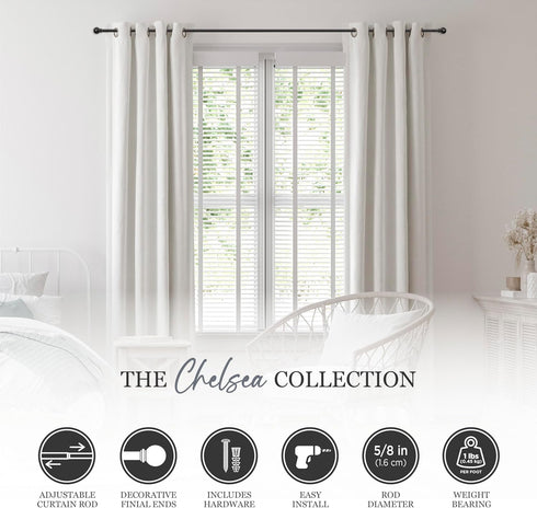 Kenney Chelsea Ball End Window Curtain Rod, Adjustable 28 to 48 Inches, Extendable Set, Black
