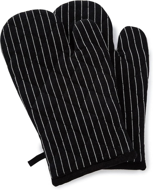 Encasa Homes Long Oven Mitts, 12" Heat Resistant Gloves (2 pc Set) for Kitchen Cooking & Baking - Butcher Stripes Black