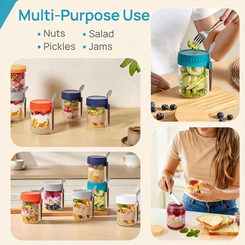 Ayemol 6 Pack 16 OZ Overnight Oats Containers with Lids and Spoons, Glass Oatmeal Container With Measurement Marks