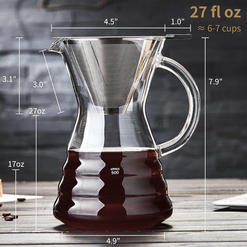 Unbreakable Pour Over Coffee Maker, 27 fl oz, 6-7 Cups, Heat-Resistant Borosilicate Glass, Stainless Filter