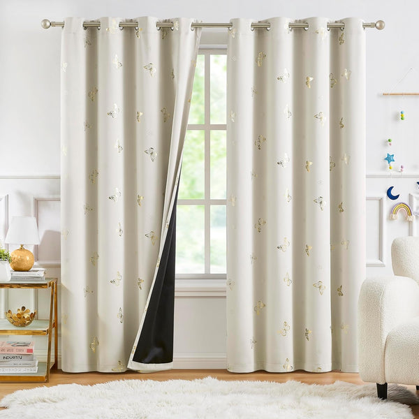 Jubilantex Ivory Gold Butterfly Blackout Curtains 84 Inches Long with Black Layer