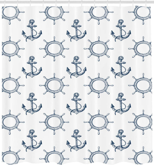 Ambesonne Ships Wheel Shower Curtain, Night Blue Anchors and Steering Wheels Pattern, Marine Themed Print, 69" W x