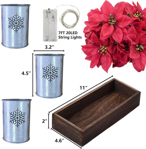 HEMYLU Poinsettias Artificial Christmas Flowers with LED Lights, Red Xmas Table Centerpiece in Pots and Wood Box