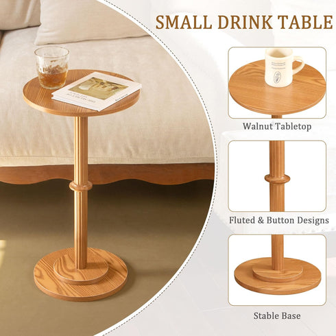 Modern Small Round Drink Table with Fluted Wood Legs - Brown Accent Table for Compact Spaces